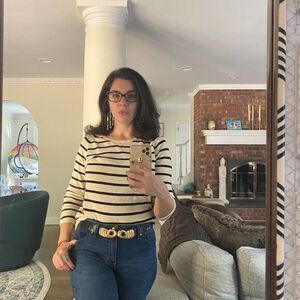 JEANNE PIERRE Striped Beige & Black Sweater SMALL